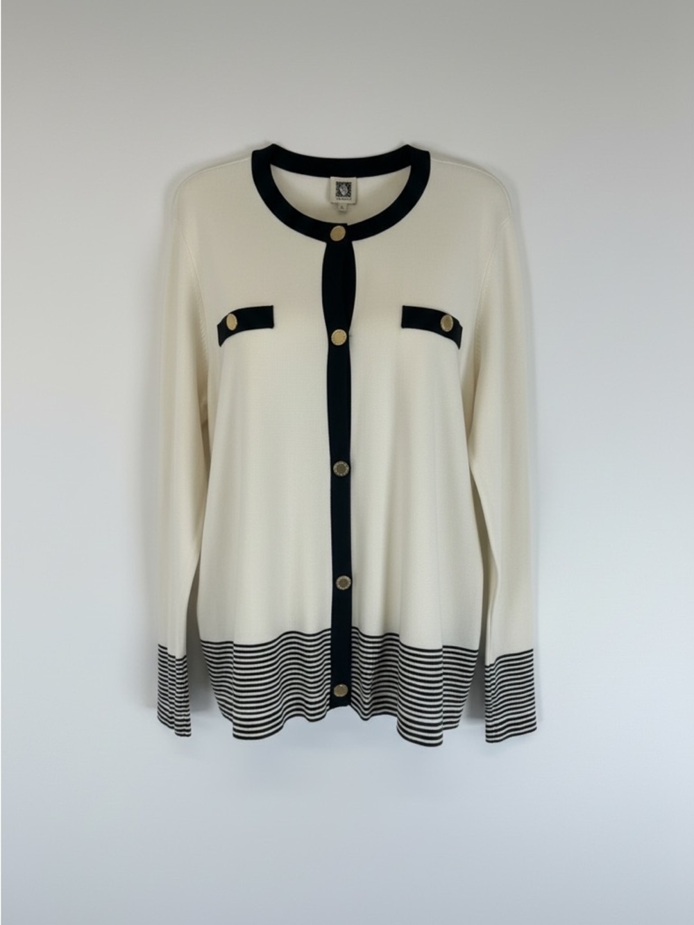 NWT Anne Klein Cream Black Trim Gold Button Cardigan Striped Hem XL